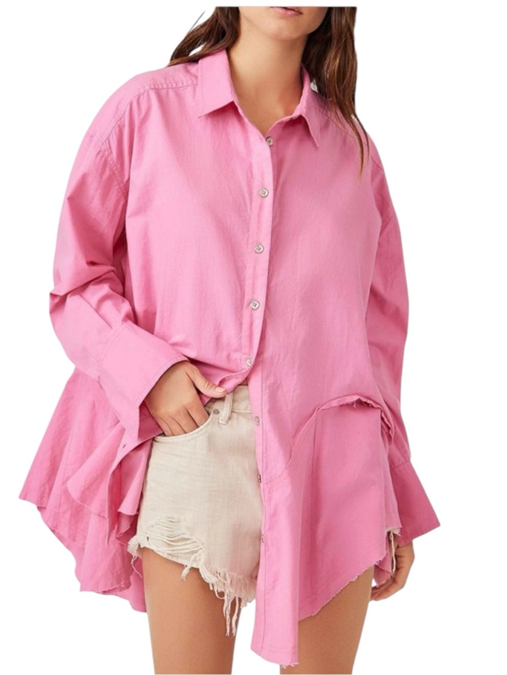 Free People Pink Oversized Button-Down Split Tie Back Shirt Size S
